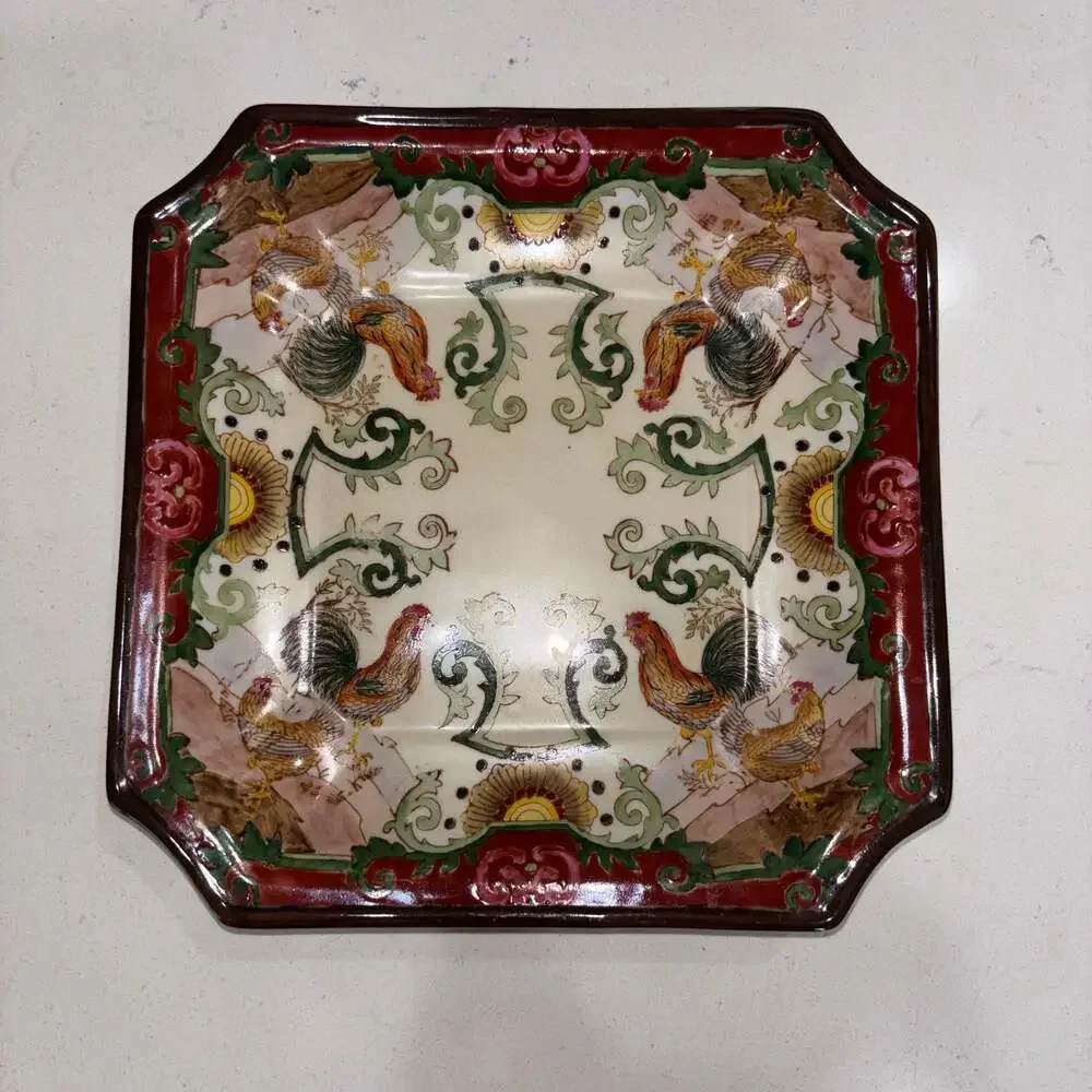 Hua Rong Tang Hand-Painted Square Rooster Decorative Plate